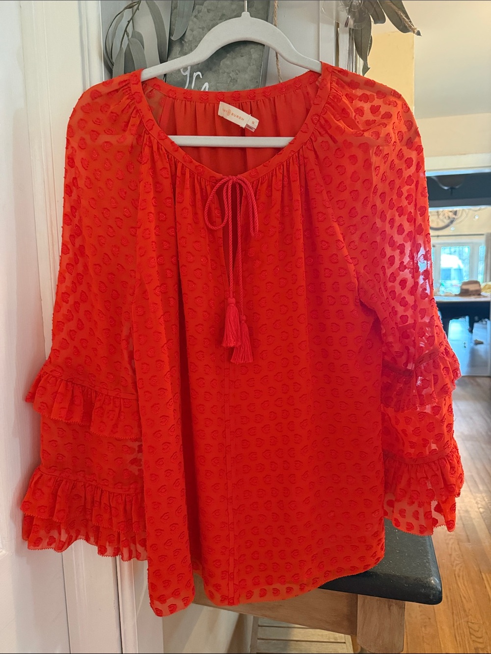 Tory Burch Red Eyelet Tie-Neck Peasant Blouse